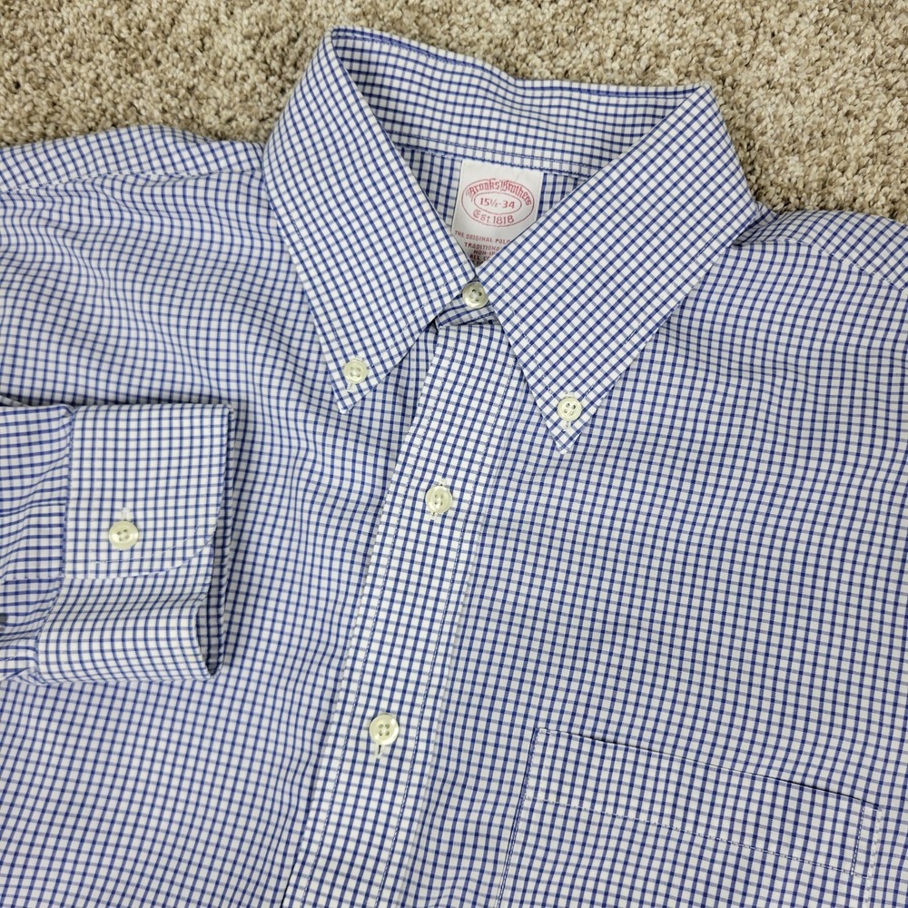 Brooks Brothers Mens 15.5-34 Blue White Check Button Down Long Sleeve